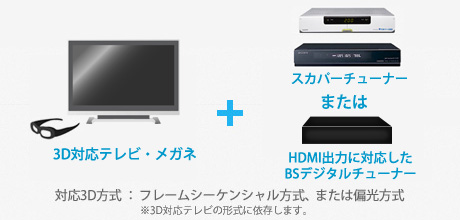 必要な機器：3D対応テレビ・メガネ＋スカパーチューナーまたは、HDMI出力に対応したBSデジタルチューナー／対応3D方式：フレームシーケンシャル方式、または偏光方式