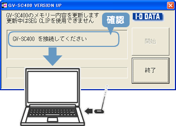 「GV-SC400 を接続してください」と表示されたら、本製品をパソコンにつなぐ