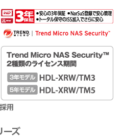 3年保証 Trend Micro NAS Security™2種類のライセンス期間 3年モデルHDL-XRW/TM3 5年モデルHDL-XRW/TM5