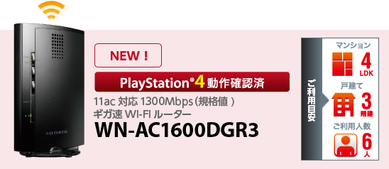 PlayStation4動作確認済 11ac対応1300Mbps（規格値) ギガ速Wi-Fiルーター WN-AC1600DGR3