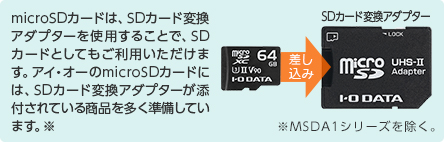 microSDカードは、SDカード変換アダプターを使用することで、SDカードとしてもご利用いただけます。アイ・オーのmicroSDカードには、SDカード変換アダプターが添付されている商品を多く準備しています。※MSDA1シリーズを除く。