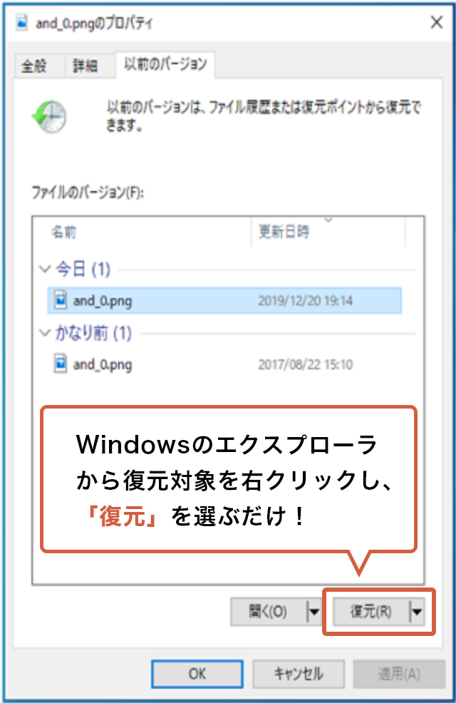 Windowsのエクスプローラから復元対象を右クリックし、「復元」を選ぶだけ！