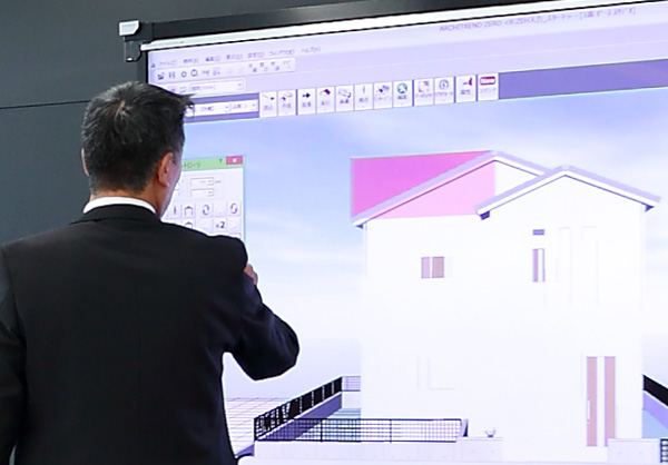 建築カラーパース（完成予想図）や設計図面を表示している画面にテキストの書き込みやマーキングができる