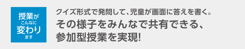 授業がこんなに変わります クイズ形式で発問して、児童が画面に答えを書く。その様子をみんなで共有できる、参加型授業を実現！