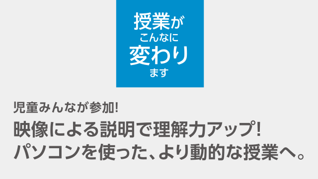 授業がこんなに変わります 児童みんなが参加！映像による説明で理解力アップ！パソコンを使った、より動的な授業へ。