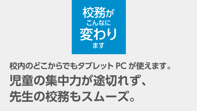 授業がこんなに変わります 校内のどこでもタブレットPCが使えます。児童の集中力が途切れず、先生の校務もスムーズ。