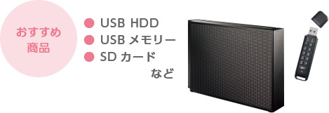 おすすめ商品　●USB HDD／●USBメモリー／●SDカード　など