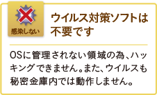 ウイルス対策ソフトは不要です。OSに管理されない領域の為、ハッキングできません。また、ウイルスも 秘密金庫内では動作しません。