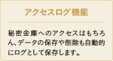 アクセスログ機能 秘密金庫へのアクセスはもちろん、データの保存や削除も自動的にログとして保存します。