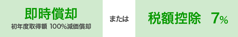 即時償却（初年度取得額 100％減価償却）または、税額控除7％