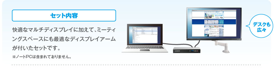 セット内容：快適なマルチディスプレイに加えて、ミーティングスペースにも最適なディスプレイアームが付いたセットです。※ノートPCは含まれておりません。