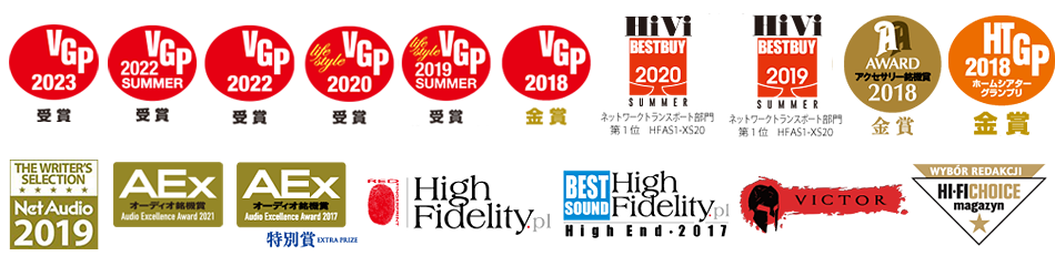 AEx オーディオ銘機賞、RED FINGERPRINT、BEST SOUND High fidelity.pl High End 2017、VICTOR Mark、HI-FI CHOICE magazyn　ほか