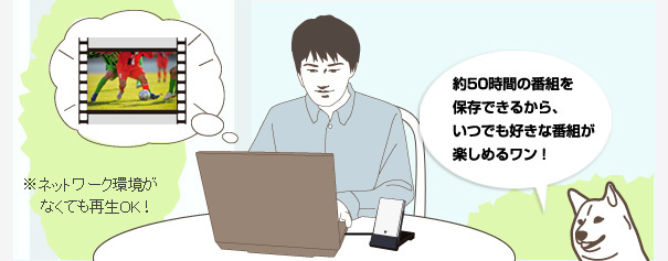 約50時間の番組を保存できるから、いつでも好きな番組が楽しめるワン！ ※ネットワーク環境がなくても再生OK！