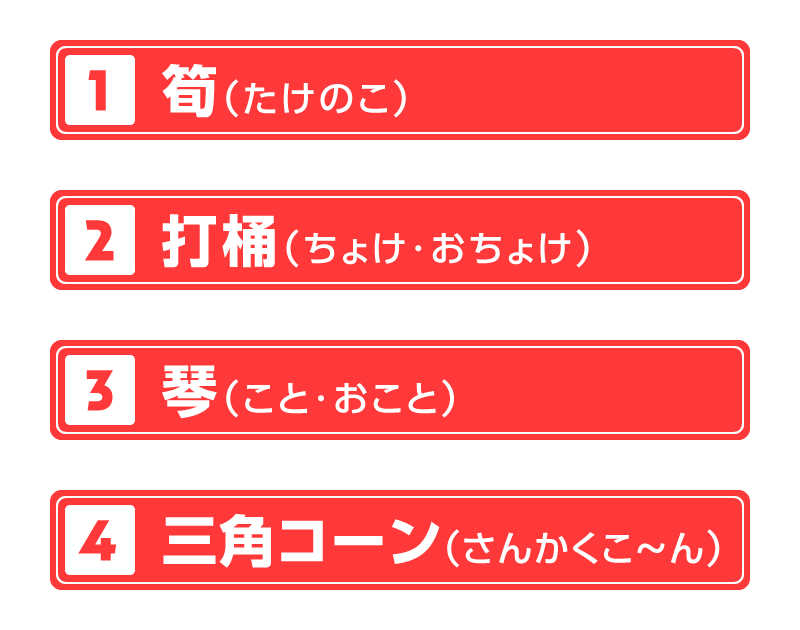 ①筍　②打桶　③琴　④三角コーン