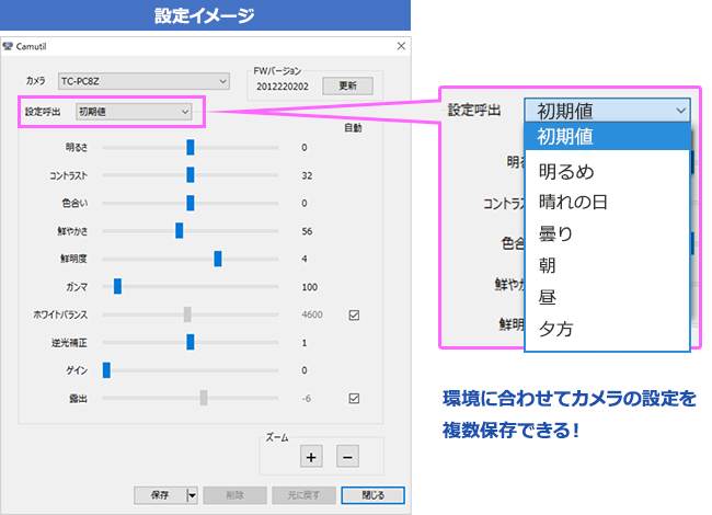 環境にあわせた画質設定を保存できる