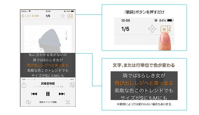 歌うタイミングで色が変わる「歌詞機能」で、歌詞をみながら音楽が楽しめる