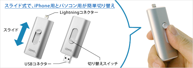 スライド式で、iPhone用とパソコン用が簡単切り替え