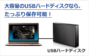 パソコンとつないだUSBハードディスクへ、たっぷり長時間の録画も可能