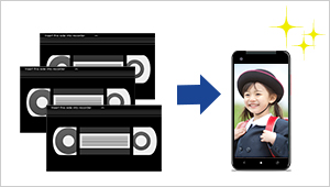 かさばったVHSテープがデジタルデータに変換されスマホに保存される。
