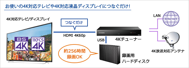 お使いの4K対応テレビや4K対応液晶ディスプレイにつなぐだけ！