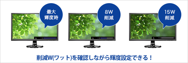 削減W（ワット）を確認しながら輝度設定できる！