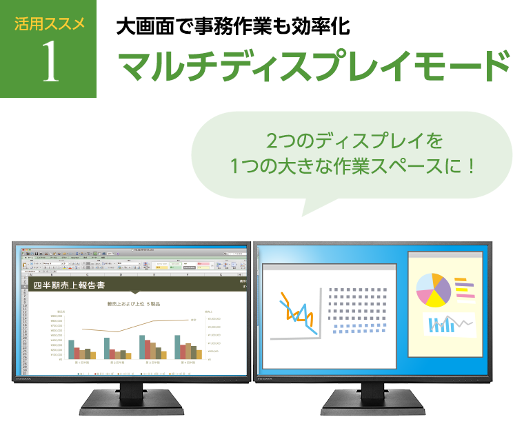 活用ススメ1 大画面で事務作業も効率化 マルチディスプレイモード