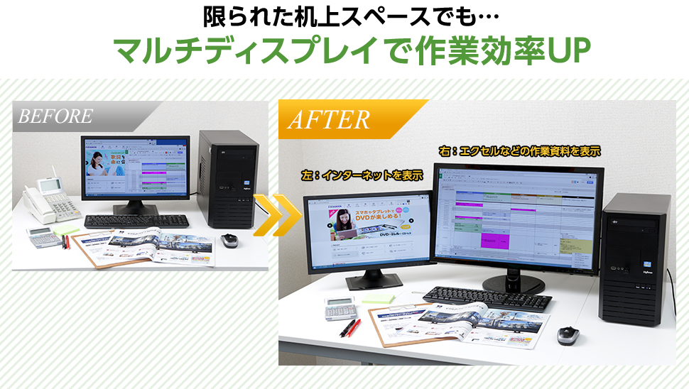 限られた机上スペースでも… マルチディスプレイで作業効率UP