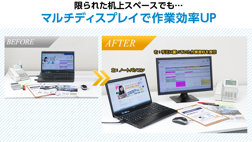 限られた机上スペースでも… マルチディスプレイで作業効率UP