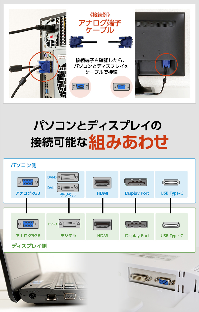 接続端子を確認したら、パソコンとディスプレイをケーブルで接続　パソコンとディスプレイの接続可能な組み合わせ