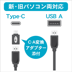 新・旧パソコン両対応 Type-C⇔USB A変換アダプター添付