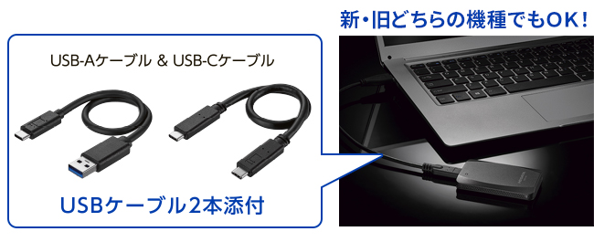 新旧どちらのパソコンでも使えるケーブル2本添付