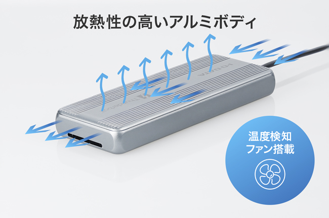 放熱性に優れたアルミボディ＆温度検知ファン搭載
