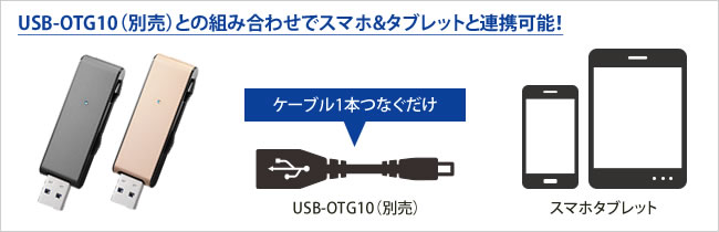 USB-OTG10（別売）との組み合わせでスマホ＆タブレットと連携可能！