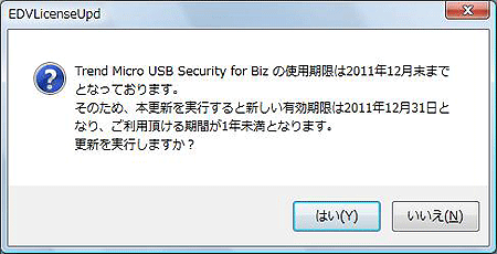 『Trend Micro USB Security for Biz』自体の使用期限が2011年12月31日のため、それ以降の更新はおこなえません。そのため2011年1月1日以降に更新を実行した場合は、ご利用いただける期間が一年未満となります。