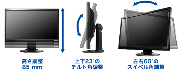 高さ調整、チルト角、スイベル角調整