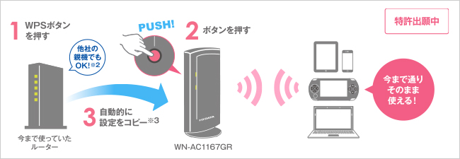 本商品のボタンを押すだけで設定が完了する「Wi-Fi設定の移行機能」を搭載