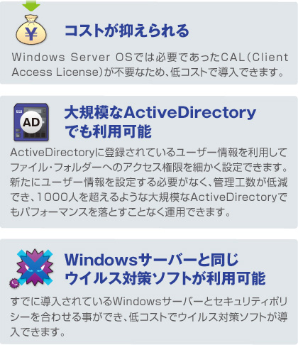 コストが抑えられる／大規模なActiveDirectoryでも利用可能／Windowsサーバーと同じウイルス対策ソフトが利用可能