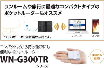 コンパクトだから持ち運びにも便利なポケットルーター「WN-G300TRシリーズ」