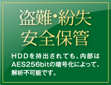 盗難・紛失安全保管／HDDを持ち出されても、内部はAES256bitの暗号化によって、解析不可能です。