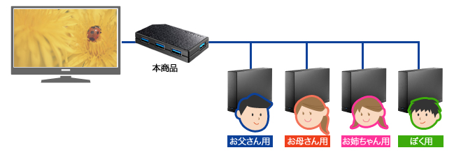 USBハブを使えば、最大4台のハードディスクを同時に接続できる