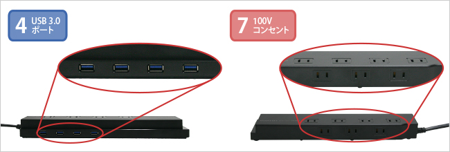 USBポート4つと電源コンセントを7つ備えております。
