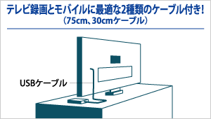 テレビ録画とモバイルに最適な2種類のケーブル付き！（75cm、30cmケーブル）