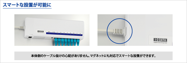 本体側のケーブル抜けの心配がありません。マグネットにも対応でスマートな設置ができます。