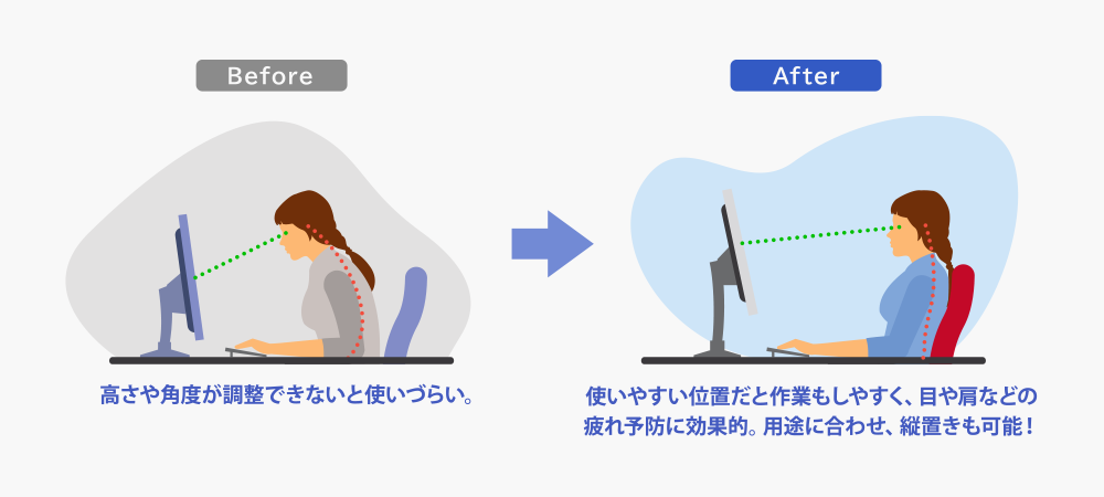 使いやすい位置だと作業もしやすく、目や肩などの疲れ予防に効果的。用途に合わせ、縦置きも可能！