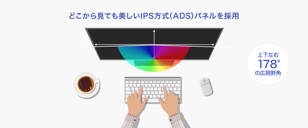 どこから見ても鮮やか!広視野角IPS方式(ADS)パネル採用