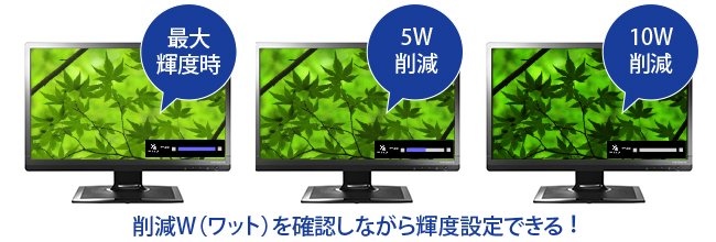 削減W（ワット）を確認しながら輝度設定できる！