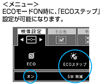 ＜メニュー＞ECOモードON時に、「ECOステップ」設定が可能になります。