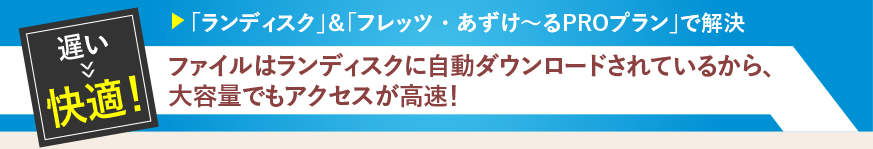 「ランディスク」＆「フレッツ・あずけ～るPROプラン」で解決　ファイルはランディスクに自動ダウンロードされているから、大容量でもアクセスが高速！