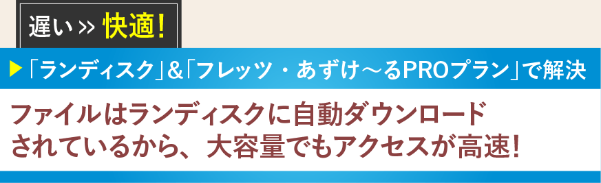 「ランディスク」＆「フレッツ・あずけ～るPROプラン」で解決　ファイルはランディスクに自動ダウンロードされているから、大容量でもアクセスが高速！