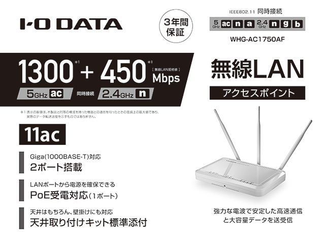 アイ・オー・データ IEEE802.11ac n a g b対応 Wi-Fiアクセスポイント 日本メーカー WHG-AC1750AF